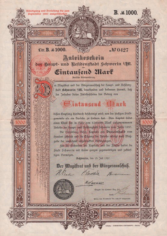 Anleihe Residenzstadt Schwerin © Sammlung Ulrich Brehm Bild