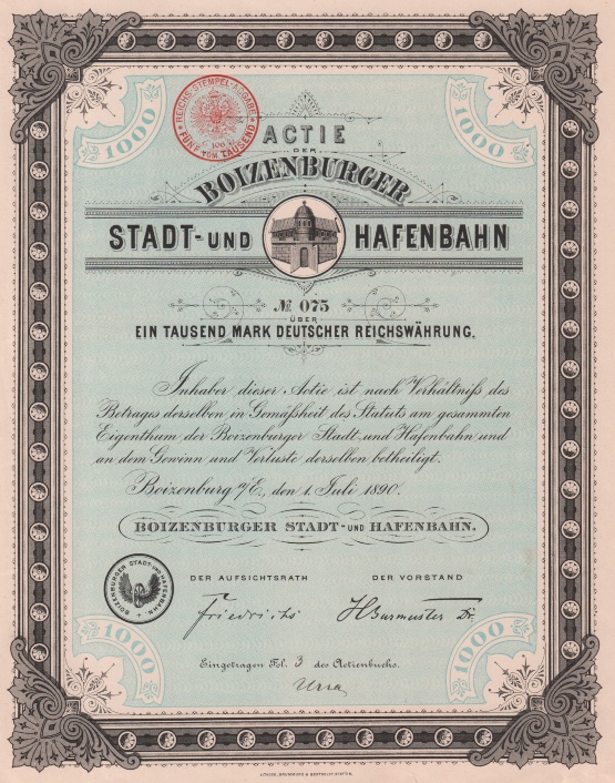 Boizenburger Stadt Hafenbahn, Aktie 1890 © Sammlung Ulrich Brehm Bild