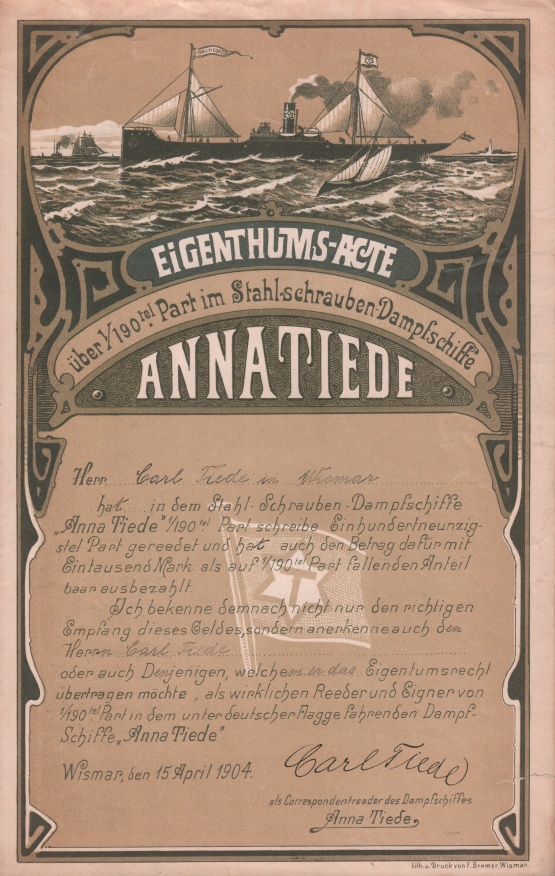 Eigentumsaktie Anna Tiede Wismar, 1904 © Sammlung Ulrich Brehm Bild