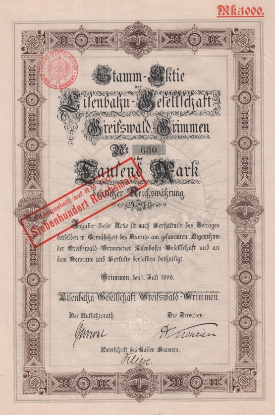 Stammaktie Eisenbahngesellschaft Greifswald Grimmen, 1896 © Sammlung Ulrich Brehm Bild