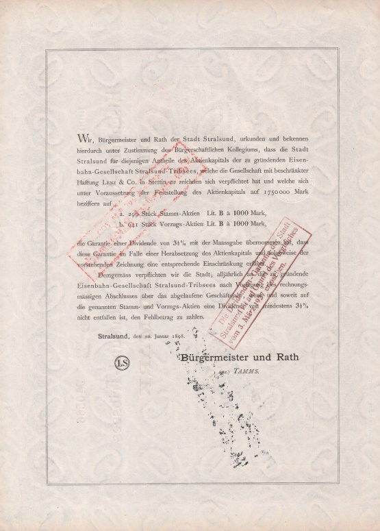 Eisenbahngesellschaft Stralsund Tribsees Stadtverpflichtung 1898 © Sammlung Ulrich Brehm Bild