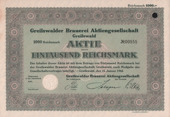 Greifswalder Brauerei Aktiengesellschaft, Aktie 1942 © Sammlung Ulrich Brehm Bild
