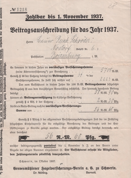 Grevesmühlener Hagelversicherungs-Verein, Beitragsaufforderung, 1937 © Sammlung Ulrich Brehm Bild