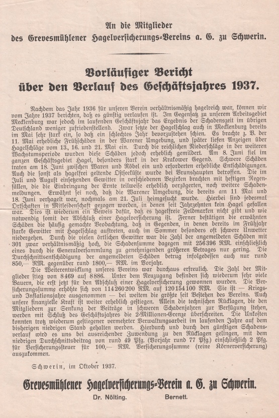 Grevesmühlener Hagelversicherungs-Verein, vorläufiger Geschäftsbericht für das Jahr 1937 © Sammlung ulrich Brehm Bild