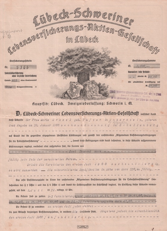 Police der Lübeck-Schweriner Lebensversicherungs-Aktiengesellschaft, 1921 © Sammlung Ulrich Brehm Bild