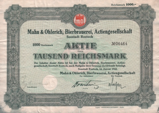 Bierbrauerei Mahn Ohlerich, Aktie 1942 © Sammlung Ulrich Behm Bild