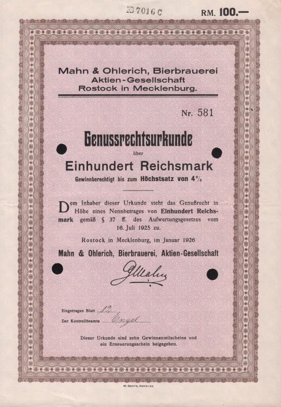 Genussrechteurkunde Brauerei Mahn & Ohlerich Rostock, 1926, Wert 100 Reichsmark © Sammlung Ulrich Brehm Genussrechte Rostocker Bierbrauerei 1926