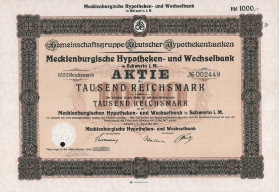 Aktie Mecklenburgische Hypotheken und Wechselbank, 1927 © Sammlung Ulrich Brehm Bild