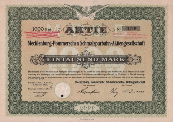 Mecklburg Pommersche Schmalspur AG, Aktie 1921 © Sammlung Ulrich Brehm Bild