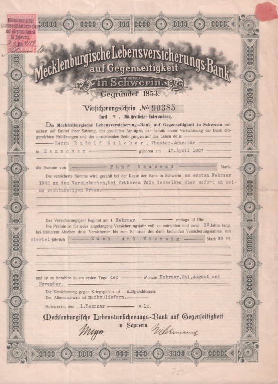 Mecklenburgische Lebensversicherungs-Bank auf Gegenseitigkeit, Police aus dem Jahr 1912 © Sammlung Ulrich Brehm Bild