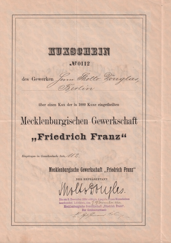 Kuxschein zur Aktie der Mecklenburgischen Gewerkschaft Friedrich Franz © Sammlung Ulrich Brehm Bild