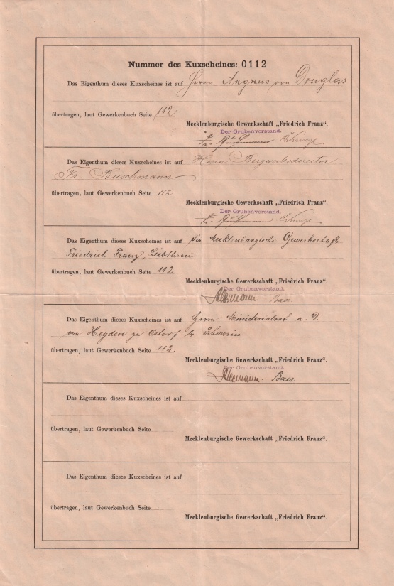 Aktie der Mecklenburgischen Gewerkschaft Friedrich Franz, Eigentümerwechsel des Kuxscheins © Sammlung Ulrich Brehm Bild