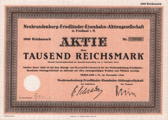 Neubrandenburg Friedlaender Eisenbahn-Aktiengesellschaft, Aktie 1926 © Sammlung Ulrich Brehm Bild
