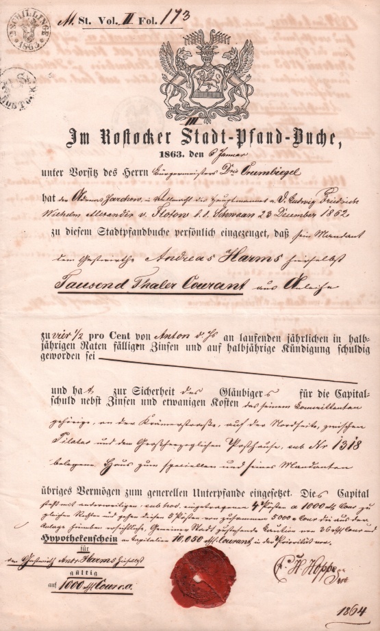 Pfandbrief Stadt Rostock 1864 © Sammlung Ulrich Brehm Bild