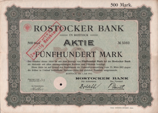 Rostocker Bank, Aktie 1912 © Sammlung Ulrich Brehm Bild
