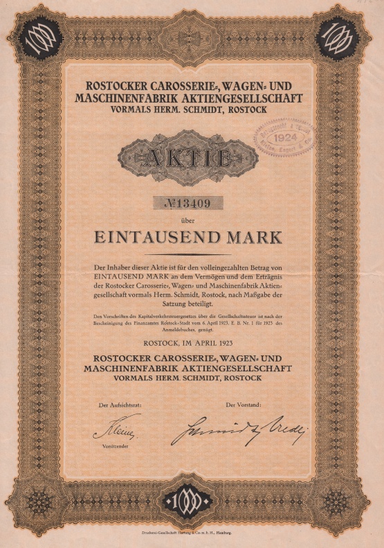Rostocker Carosserie-, Wagen- und Maschinenfabrik, Aktie 1923 © Sammlung Ulrich Berhm Bild