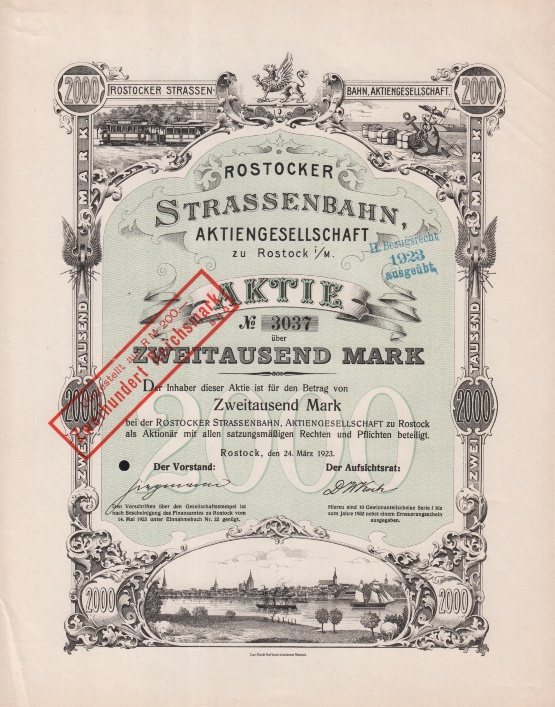 Rostocker Strassenbahngesellschaft, Aktie 1923 © Sammlung Ulrich Brehm Bild