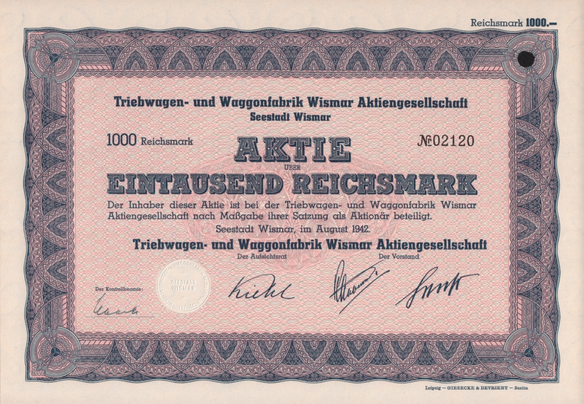 Aktie Triebwagen Waggonfabrik Wismar 1942 Wert 1000 Reichsmark © Sammlung Ulrich Brehm Aktie über 1000 Reichsmark