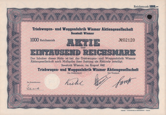 Aktie Triebwagen Waggonfabrik Wismar 1942 Wert 1000 Reichsmark © Sammlung Ulrich Brehm Aktie über 1000 Reichsmark