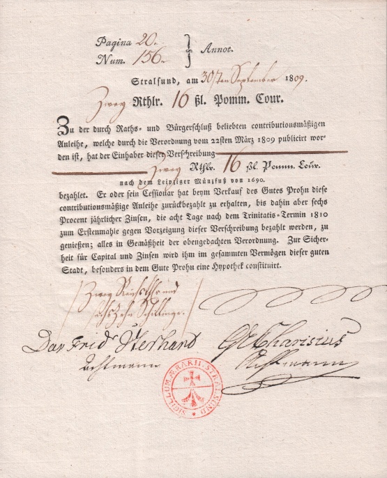 Schuldverschreibung des Rates der Stadt Stralsund, 1809 © Sammlung Ulrich Brehm Bild