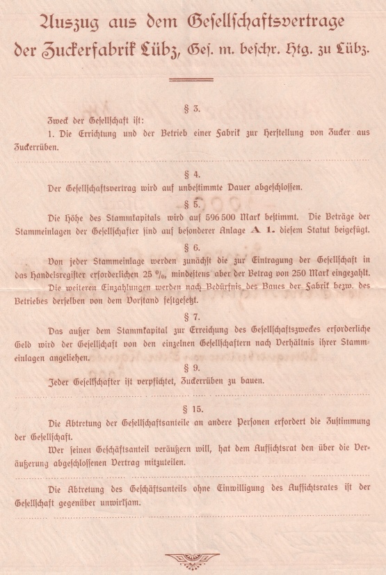 Zuckerfabrik Lübz Gesellschaftsvertrag, Auszug © Sammlung Ulrich Behm Bild