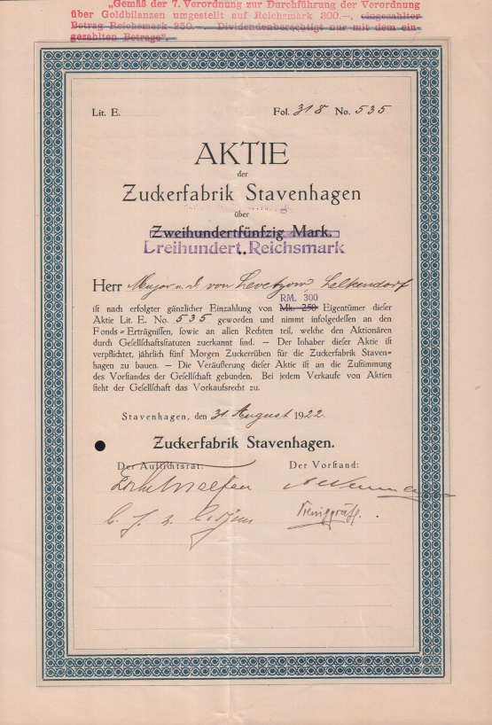Zuckerfabrik Stavenhagen, Aktie 1922 © Sammlung Ulrich Behm Bild