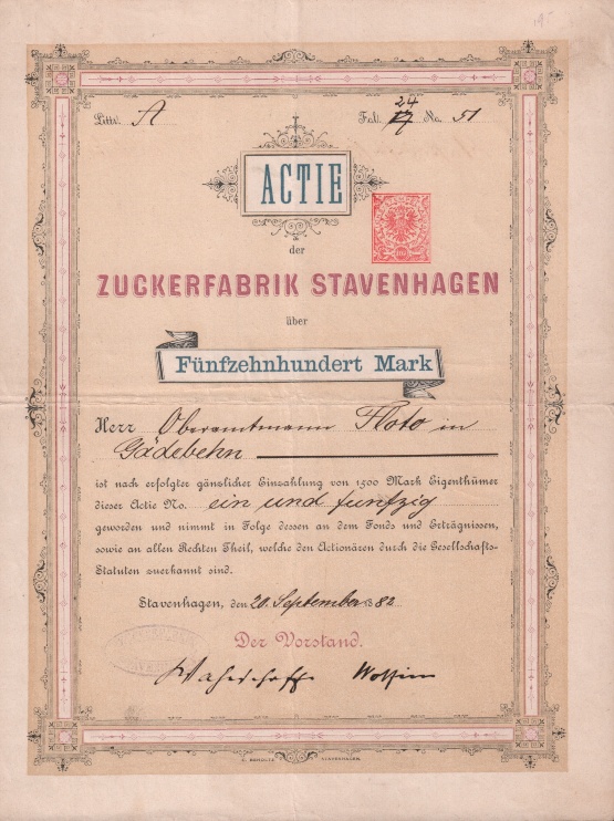 Zuckerfabrik Stavenhagen Oberamtmann Floto Gaedebehn, Aktie 1882 © Sammlung Ulrich Behm Bild