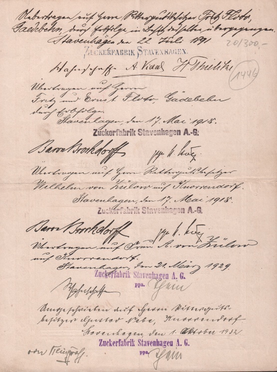 Zuckerfabrik Stavenhagen, Aktie 1882, Liste der Übertragungen Bild
