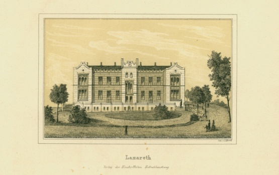 Lazarett Wismar © Stadtarchiv Wismar Stilisierte Gebäudeansicht mit Personen