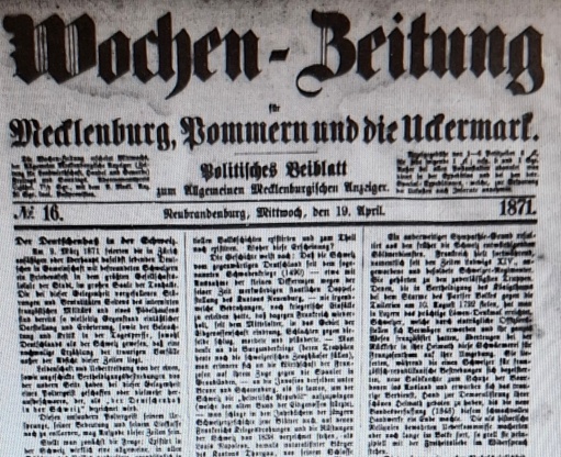 Wochenzeitung für Mecklenburg, Pommern und die Uckermark vom 19.04.1871 Bild
