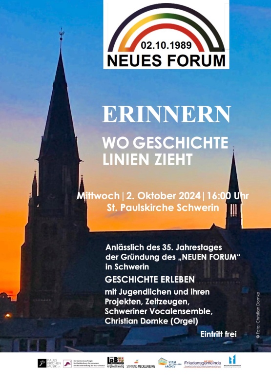 Plakat mit der Einladung zur Veranstaltung am 2.10.2024: Gründung des Neuen Forums Schwerin vor 35 Jahren