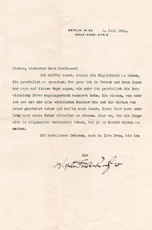 Brief Wilhelm Furtwängler an Rober Kahn, 2.Juli 1934 © Quelle: Privatbesitz Familie Greiner-Kahn Wortlaut bei der Vergrößerung