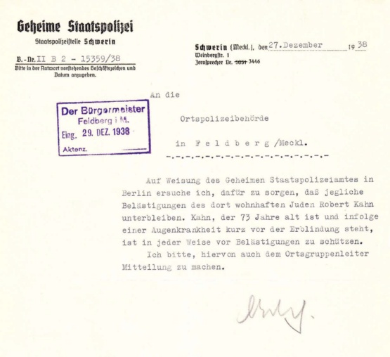 Schreiben der Gestapo - Staatspolizeistelle Schwerin an die Ortspolizeibehörde Feldberg vom 27. Dezember 1938