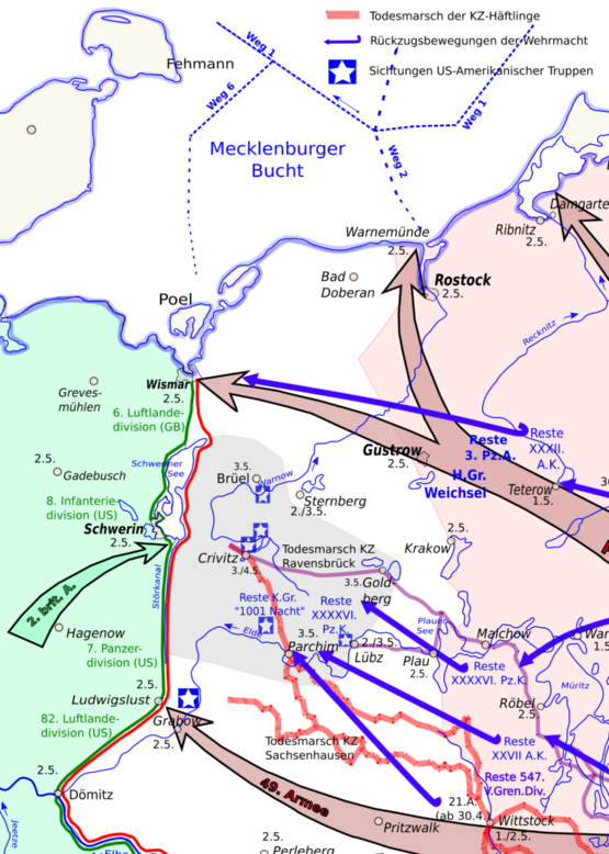 Kartenausschnitt © Skizze: Bernd Garrels Karte mit den Truppenbewegungen in Mecklenburg und Vorpommern vom 20. April bis zum 8. Mai 1945