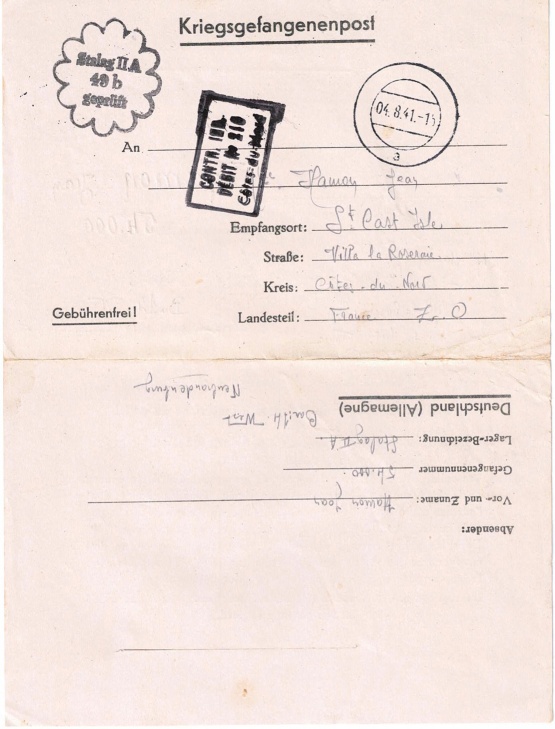 Kriegsgefangenenpost Jean Hamon - Adressseite oben
