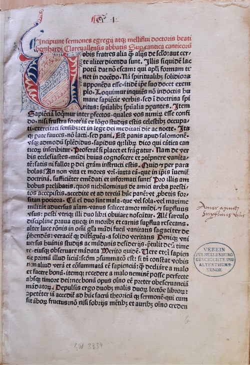 Bernhard von Clairvaux, Predigten über das Hohelied, Rostocker Druck 1481 - Sermones super Cantica canticorum. Rostock: Fratres Domus Horti Viridis ad Sanctum Michaelem, 1481.