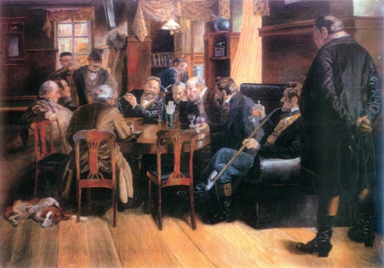 Gemälde. Eine Männerunde sitz um einen runden Tisch. Im Zentrum ein Mann - Fritz Reuter, der lebhaft erzählt.